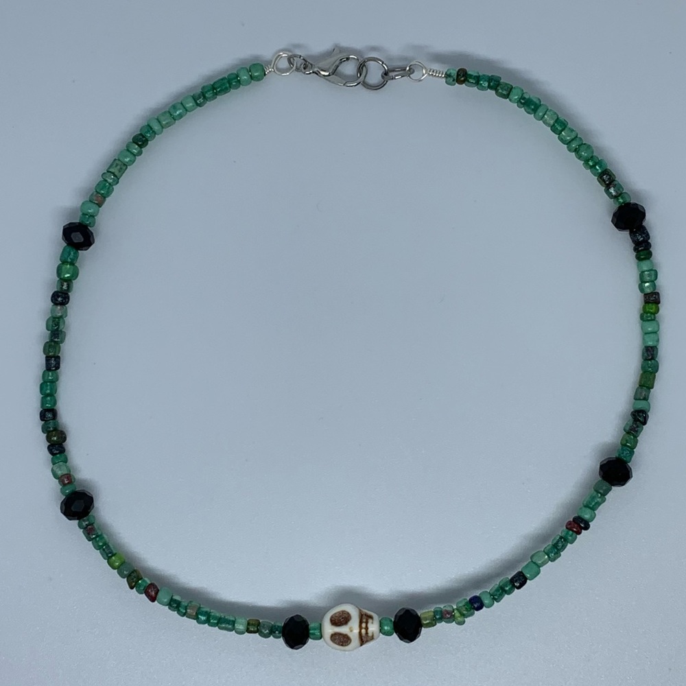 White Howlite Skull Green Beaded Choker Necklace